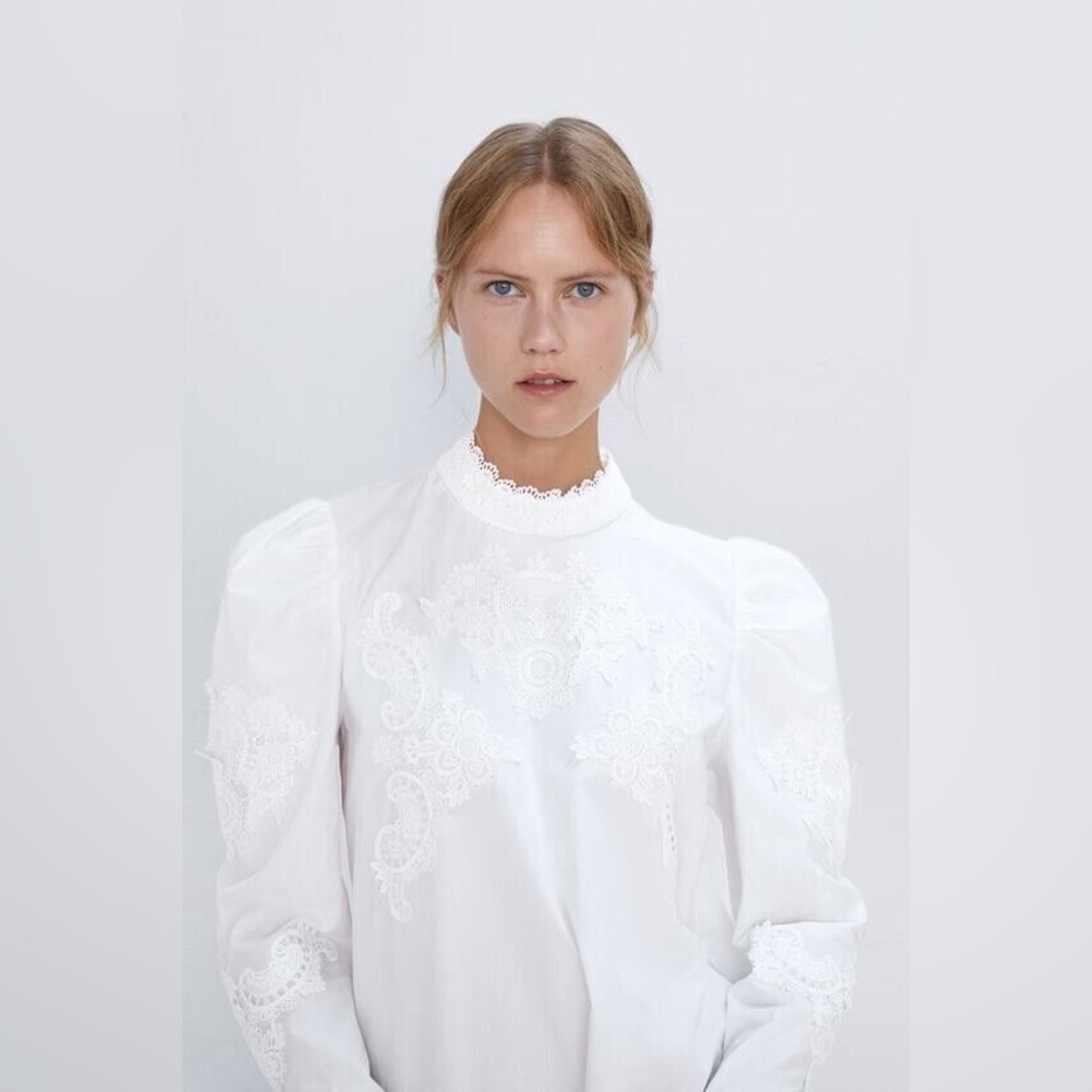 Zara Women’s Combine Poplin Cotton White Blouse Puff sleeve and Lace Accents
